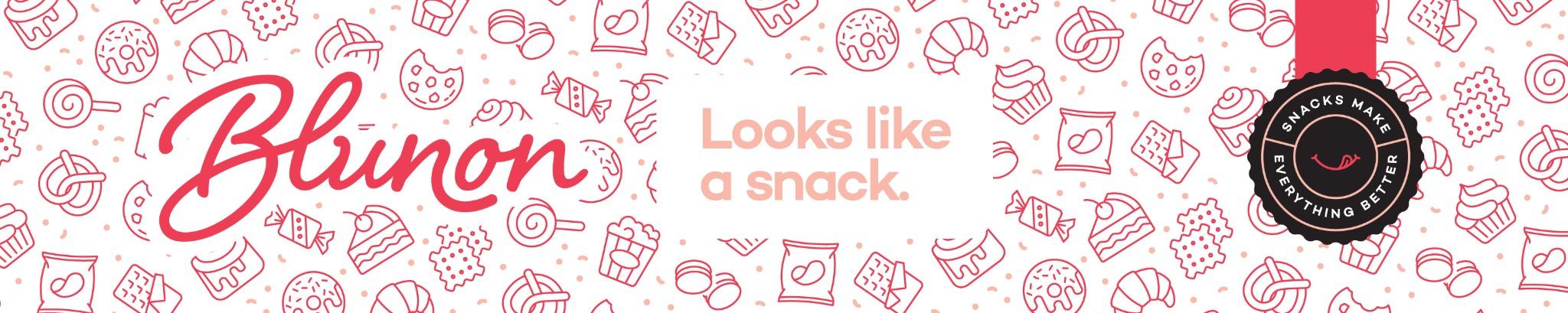 Blunon brand banner with playful snack illustrations